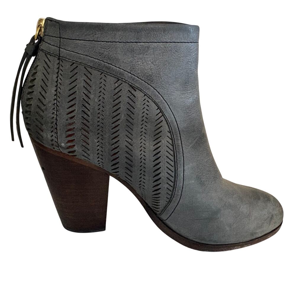 COACH Grey Leather Laser Cut Zip Ankle Boots Booties Block Heel Luxury Western